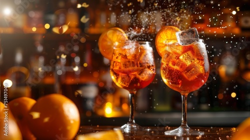 Aperol Spritz cocktail with splash on bar background. Glass of alcoholic drink photo