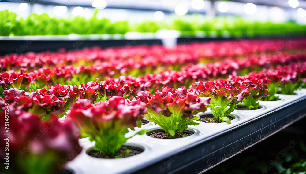 Rows of hydroponic red lettuce growing in a greenhouse with controlled lighting and climate Rows of hydroponic red lettuce growing in a greenhouse with controlled lighting and climate