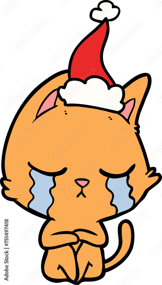 crying line drawing of a cat sitting wearing santa hat crying line drawing of a cat sitting wearing santa hat