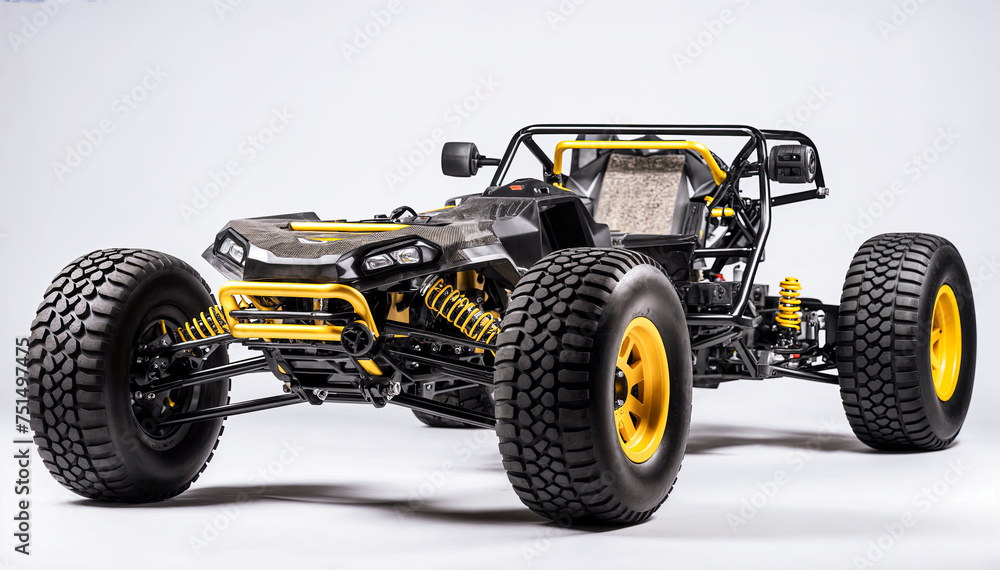 A black and yellow dune buggy with large wheels and a sleek design It is isolated on a white background A black and yellow dune buggy with large wheels and a sleek design It is isolated on a white background