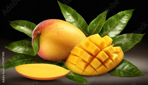 whole and slice ripe mango fruit with green leaves isolated png