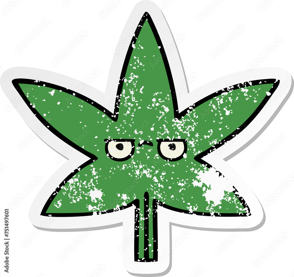 distressed sticker of a cute cartoon marijuana leaf distressed sticker of a cute cartoon marijuana leaf
