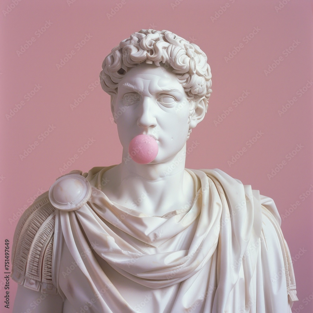 A classical marble sculpture is humorously depicted with a pink bubblegum, juxtaposing historical art with contemporary playfulness