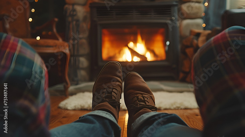 Feet Warming by the Fireplace, Cozy Winter Evening Scene Generative Ai