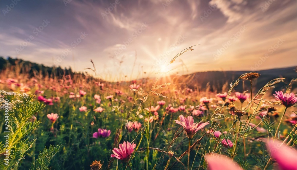 beautiful meadow with wild flowers over sunset sky nature field background with sun flare wild grass and flower sunny summer or autumn nature backdrop peach fuzz color of the year 2024