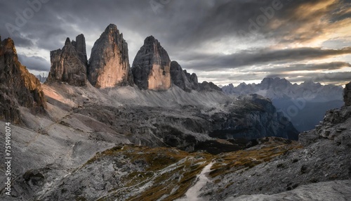 a different view to the most famous tre cime di lavaredo also known as drei zinnen or three peaks of lavaredo view from sorapis circuit trek the dolomites south tyrol italy