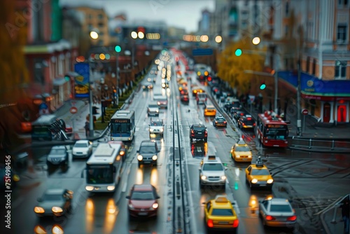 Crowded city street filled with a constant flow of vehicles, including cars, buses, and motorcycles. Generative AI