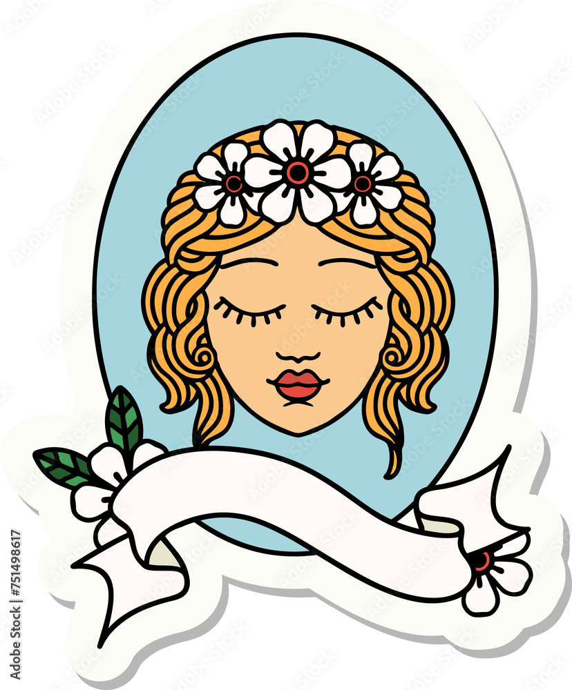 tattoo sticker with banner of a maiden with eyes closed tattoo sticker with banner of a maiden with eyes closed