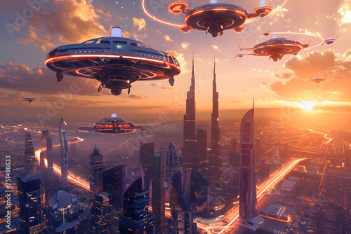 A futuristic city with flying cars and advanced drones photo