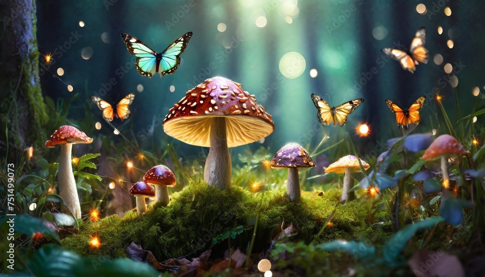 fantasy magical mushrooms glade ladybug and butterflies in enchanted ...