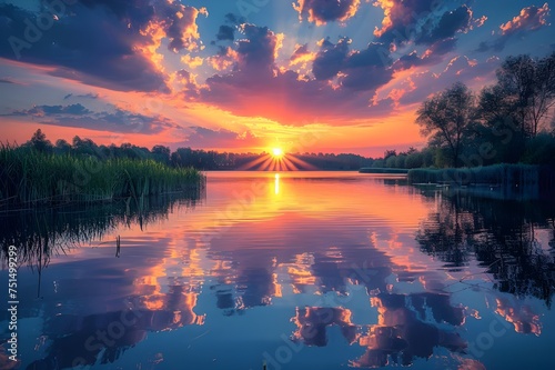 sunset over the river,Embracing the Serenity of a Riverside Sunset, Capturing the Beauty of Dusk Along the Riverbank, Painting Serene Sunsets on the River Horizon, A Picturesque Evening Along the Rive