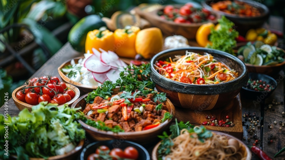 Spicy salad in wooden bowl with fresh vegetables on table