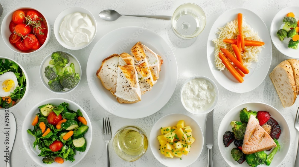 Healthy food on a white wooden table. Top view