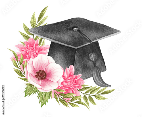 Watercolor graduation cap with flower wreath.