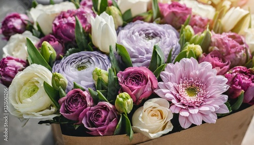 many beautiful flower mono bouquets of fresh roses ranunculus lilac matthiola tulips wrapped in paper placed in a cardboard transportation box close up view