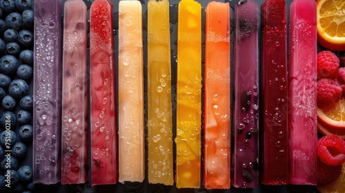 Closeup of colorful juicy ice pops with fruits. Top view of fruit flavor water ice sweet background from above photo