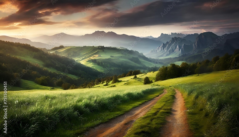 beautiful summer mountain rural landscape panorama of summer green field with dirt road and sunset cloudy sky