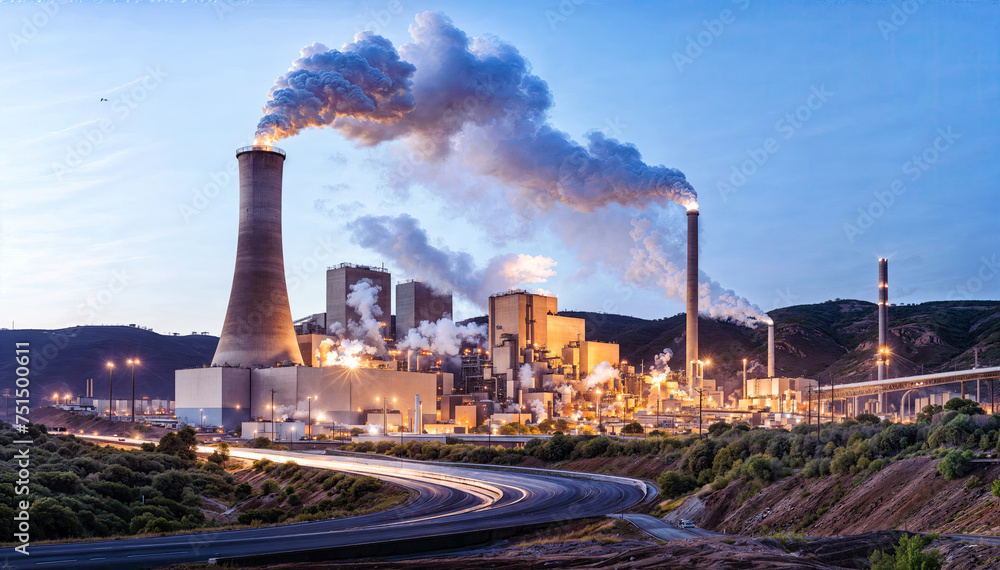 An industrial power plant at dusk with smoke coming out of its cooling ...