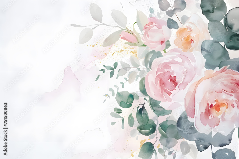 Watercolor floral bouquet with eucalyptus and pink gold elements frame isolated on white background