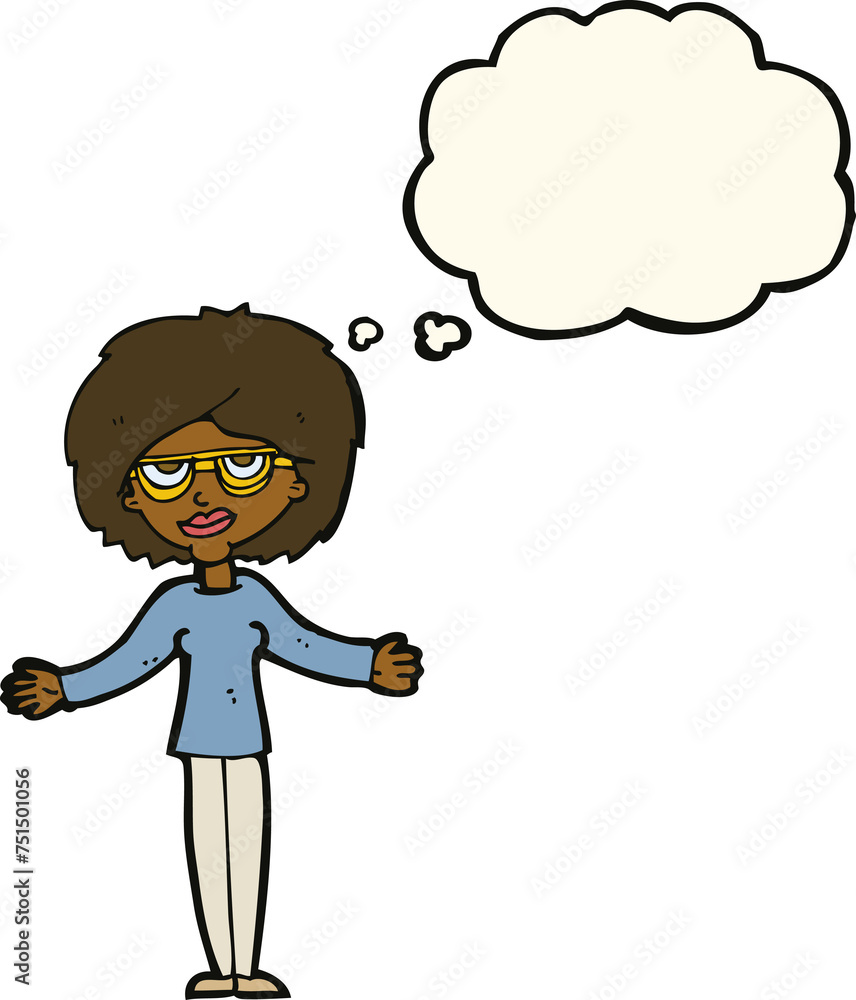 cartoon woman wearing spectacles with thought bubble cartoon woman wearing spectacles with thought bubble