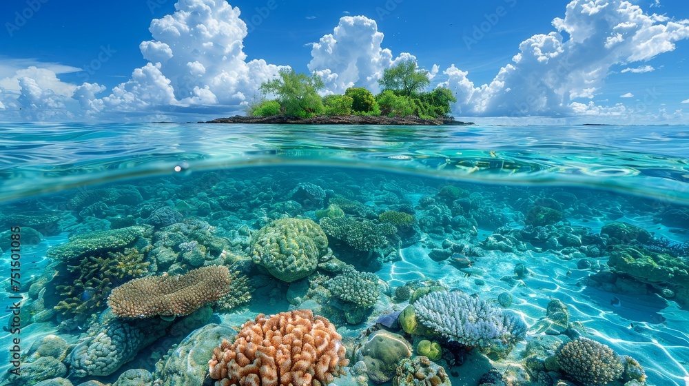 View of a tropical island and coral reef from a split perspective with waterline