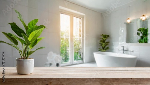 white bathroom interior empty wooden table top with plant for product display with blurred bathroom interior background © Wayne