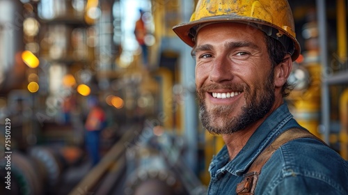 Smiling Construction Worker in Helmet Outdoors