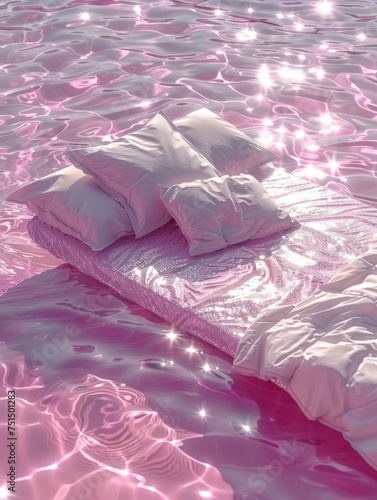 A surreal depiction of a mattress with pillows floating on a radiant pink water surface, inviting a dreamy and ethereal escape