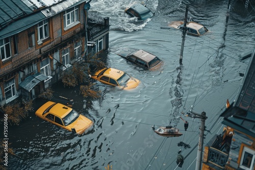 Megafloods in City, Big Flooding, People on Roofs, Floating Cars in Flood City