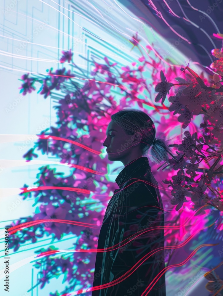A cyberpunk-inspired image with a faceless figure amidst vivid neon lights and lush flora, evoking a futuristic and mysterious mood A cyberpunk-inspired image with a faceless figure amidst vivid neon lights and lush flora, evoking a futuristic and mysterious mood