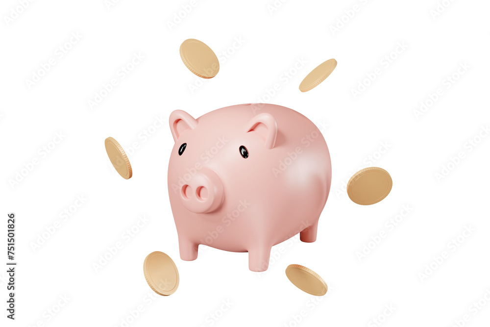 3D illustration of saving or earning money with piggy bank icon with flying coins isolated on transparent background for business, finance, banking, success, investment 3D illustration of saving or earning money with piggy bank icon with flying coins isolated on transparent background for business, finance, banking, success, investment