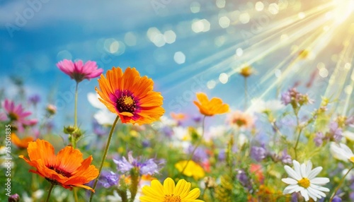 colorful wild flower meadow with blue sky and sun rays with bokeh lights floral summer background banner with copy space