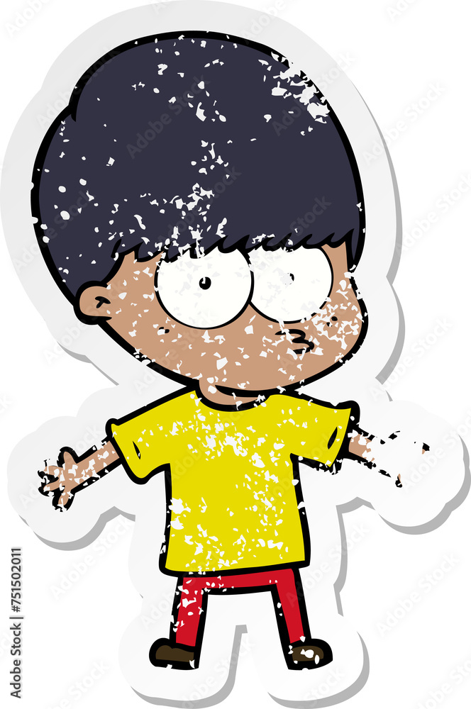 distressed sticker of a nervous cartoon boy distressed sticker of a nervous cartoon boy