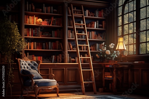 Home library interior design with a lot of bookshelves in classic style. Vintage reading room. Brown wooden bookcase filled with old books