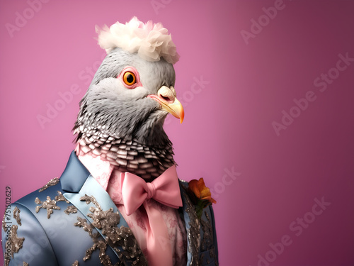 Creative animal concept. Pigeon bird in glam fashionable couture high end outfits isolated on bright background advertisement, copy space. birthday party invite invitation banner