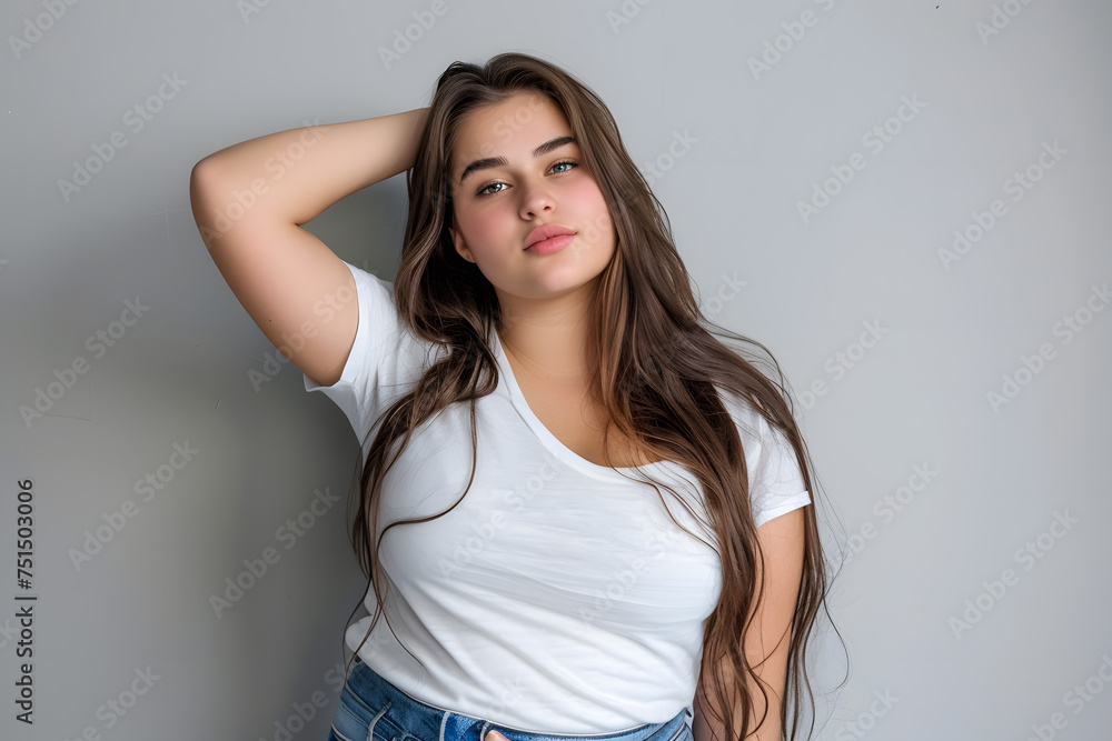 Young beautiful plus size woman with long hair in white t-shirt posing, body positive Young beautiful plus size woman with long hair in white t-shirt posing, body positive
