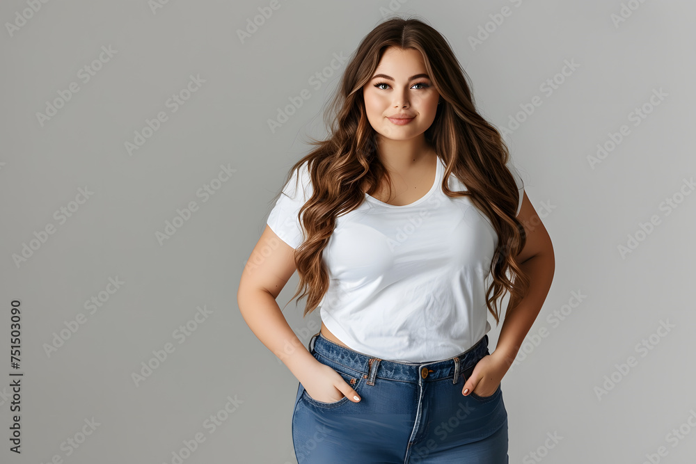 Young beautiful plus size woman with long hair in white t-shirt posing, body positive Young beautiful plus size woman with long hair in white t-shirt posing, body positive