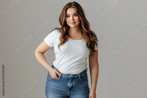 Young beautiful plus size woman with long hair in white t-shirt posing, body positive