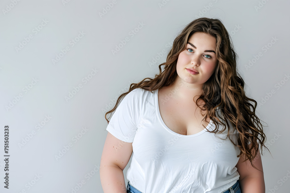 Young beautiful plus size woman with long hair in white t-shirt posing, body positive Young beautiful plus size woman with long hair in white t-shirt posing, body positive