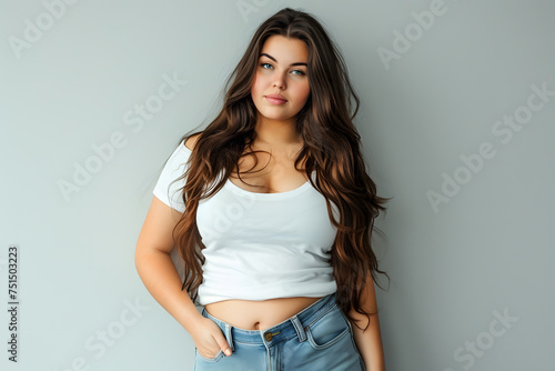Young beautiful plus size woman with long hair in white t-shirt posing, body positive
