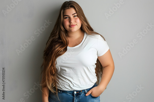 Young beautiful plus size woman with long hair in white t-shirt posing, body positive