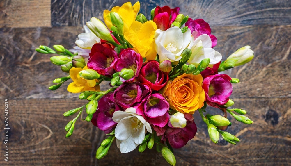 colorful bouquet of freesia photographed from above