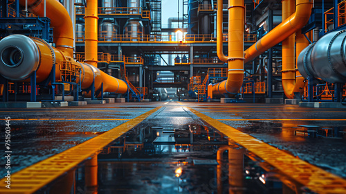 Complex industrial plant with yellow pipes, reflected on a wet surface under a blue sky.