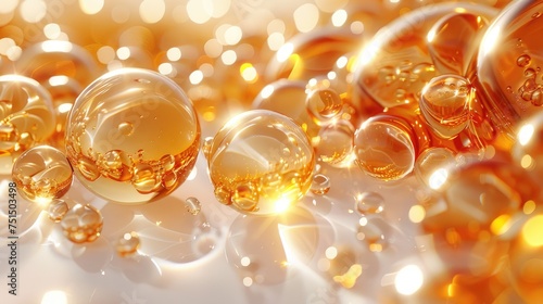 Golden Serum Bubbles on Transparent Surface Skincare