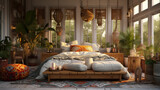 Bohemian inspired bedroom with a Moroccan rug