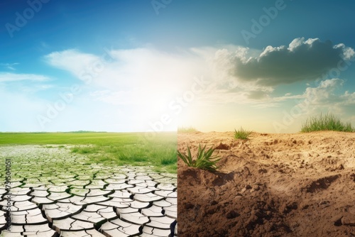Half desert and half fertile land depicting the concept of climate change. Climate Change Concept Desert and Fertile Land