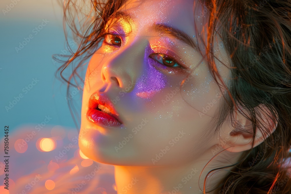 Close-Up Portrait of a Young Woman with Colorful Light Reflections and Glitter on Her Face Against a Blurred Background