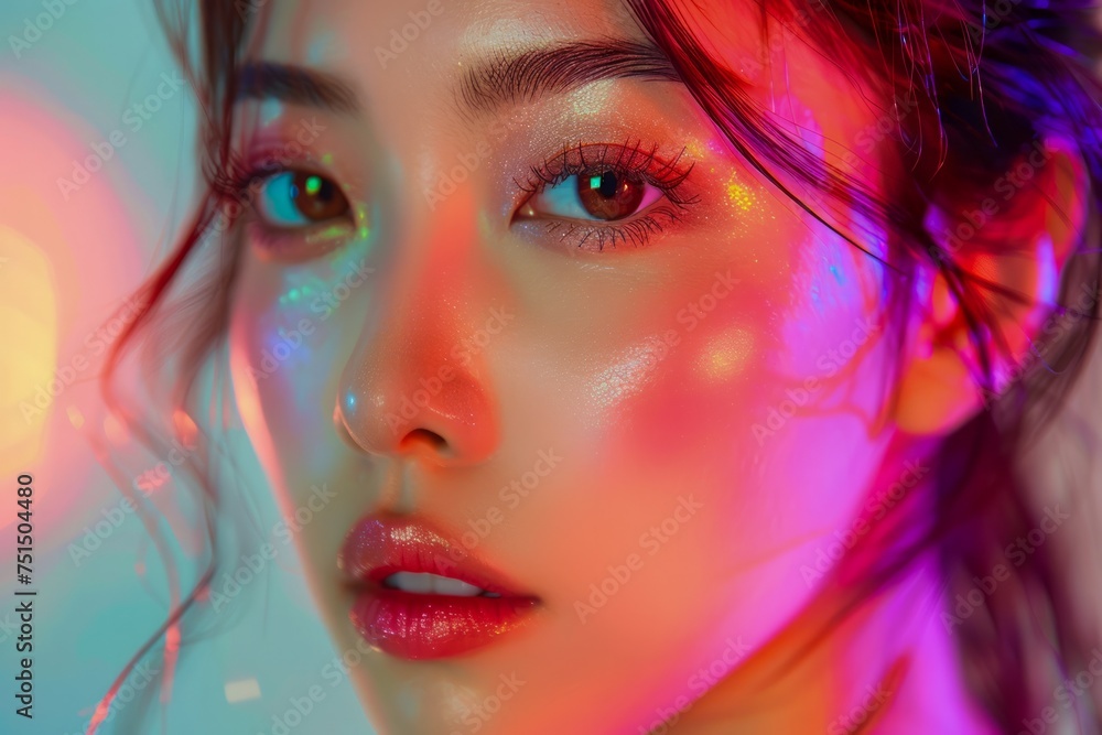 Vibrant Portrait of a Young Woman with Colorful Lighting and Artistic Makeup