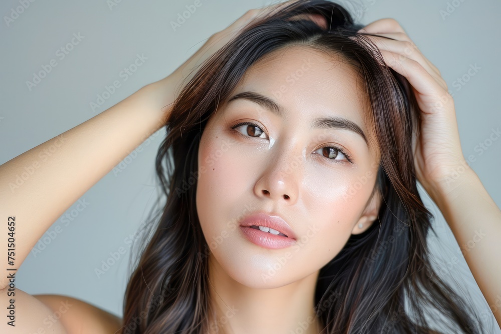 Close-up Portrait of a Young Asian Woman with Natural Makeup and Beautiful Skin Posing Thoughtfully Close-up Portrait of a Young Asian Woman with Natural Makeup and Beautiful Skin Posing Thoughtfully