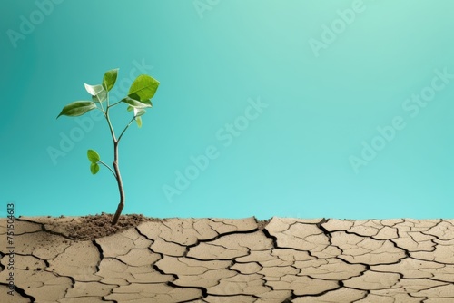 A young green plant sprouting from parched, cracked earth, symbolizing hope. Plant Growing in Cracked Earth